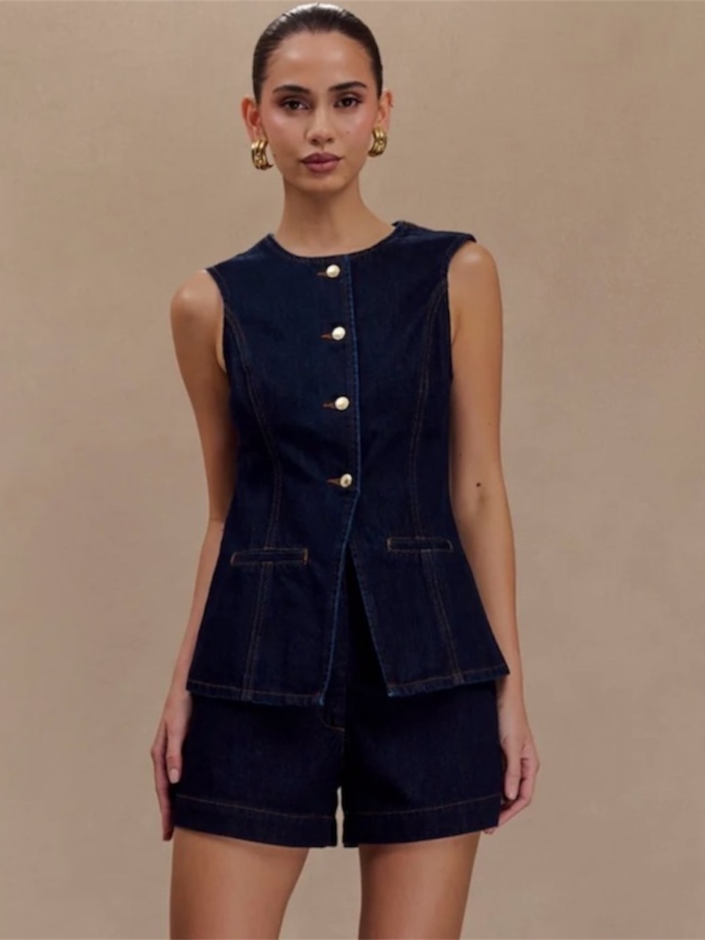 Meshki Abel Denim Button Up Tailored Vest Top Indigo Blue Preppy Plus Size XXXL